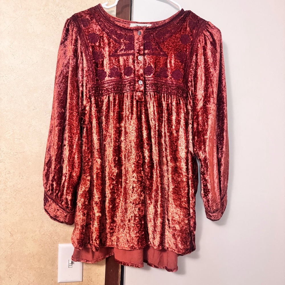 Tru Luxe Jeans Velvet Top with embroidery in a Rich Burnt Orange Color